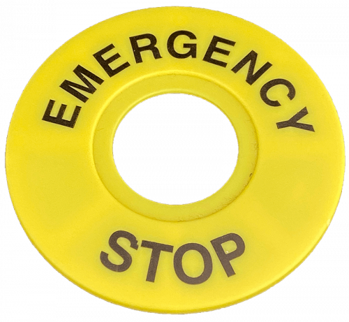 Warnschild aus Kunststoff für Not-Aus-Taster mit einem Durchmesser von 22 mm